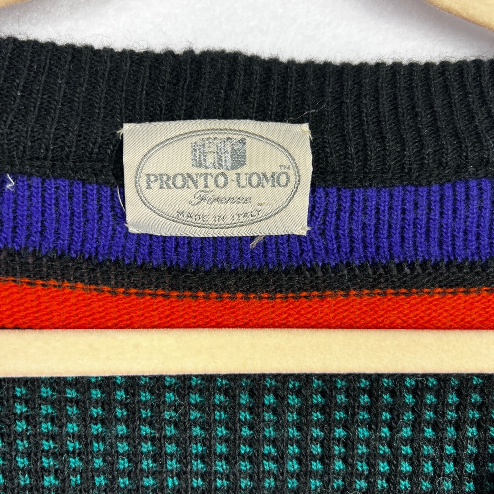 Vintage Pronto Uomo Italy Wool Blend Abstract Stripe Cardigan Sweater Mens M 50 - Picture 2 of 9
